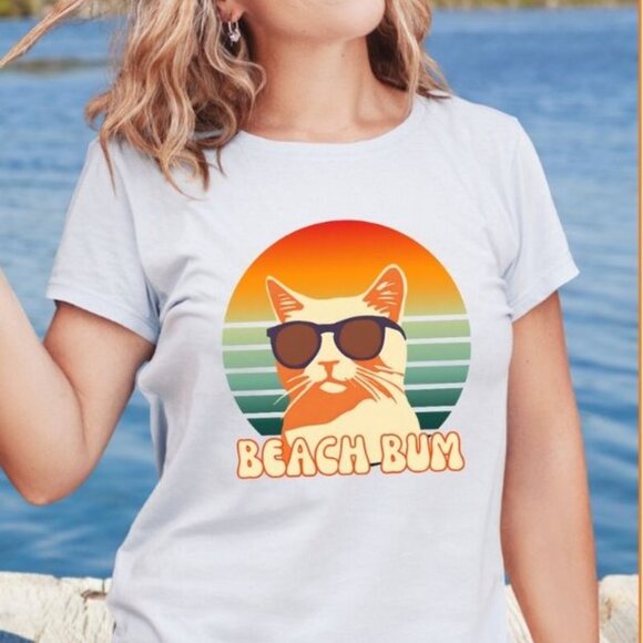 Gildan Other - Beach Bum T-Shirt-Funny Cat With Sunglasses Shirt